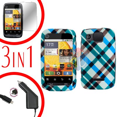 For Motorola Citrus WX445 Screen +Car Charger +Cover Hard Case Plaid 3-in-1