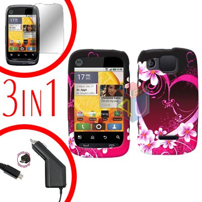 For Motorola Citrus WX445 Screen +Car Charger +Cover Hard Case Love 3-in-1