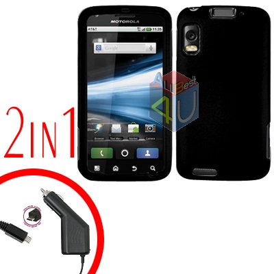 For Motorola Atrix 4G MB860 Car Charger + Cover Hard Case Rubberized Black 2-in-1