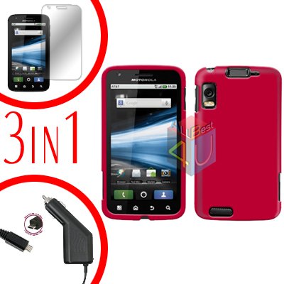For Motorola Atrix 4G MB860 Screen +Car Charger +Cover Hard Case Rubberized Rose Pink 3-in-1