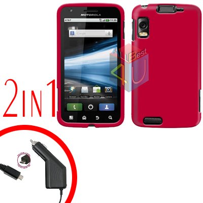 For Motorola Atrix 4G MB860 Car Charger + Cover Hard Case Rubberized Rose Pink 2-in-1