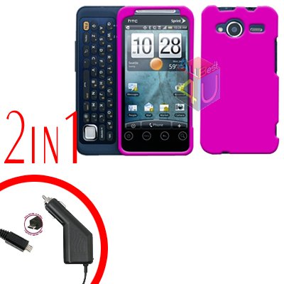 For HTC Evo Shift 4G Car Charger +Cover Hard Case Rubberized Hot Pink 2-in-1