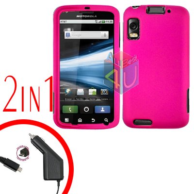 For Motorola Atrix 4G MB860 Car Charger + Cover Hard Case Rubberized Hot Pink 2-in-1