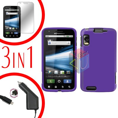 For Motorola Atrix 4G MB860 Screen +Car Charger +Cover Hard Case Rubberized Purple 3-in-1