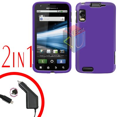For Motorola Atrix 4G MB860 Car Charger + Cover Hard Case Rubberized Purple 2-in-1