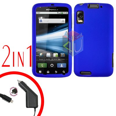 For Motorola Atrix 4G MB860 Car Charger + Cover Hard Case Rubberized Blue 2-in-1