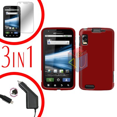 For Motorola Atrix 4G MB860 Screen +Car Charger +Cover Hard Case Rubberized Red 3-in-1