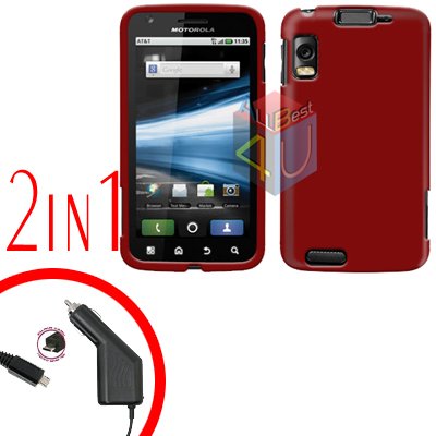 For Motorola Atrix 4G MB860 Car Charger + Cover Hard Case Rubberized Red 2-in-1