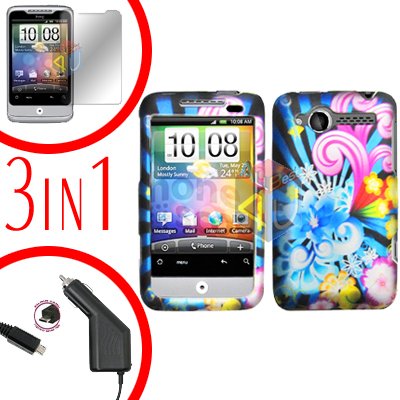 For HTC Wildfire 6225 Screen +Car Charger +Cover Hard Case A-Flower 3-in-1