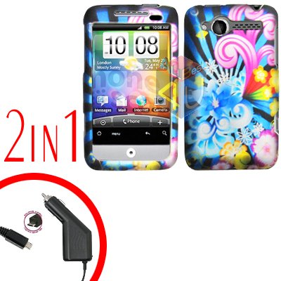 For HTC Wildfire Car Charger +Cover Hard Case A-Flower 2-in-1