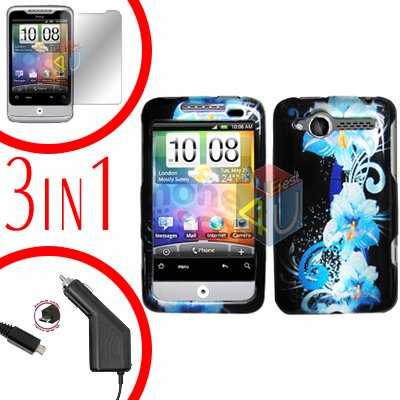 For HTC Wildfire 6225 Screen +Car Charger +Cover Hard Case Flower 3-in-1