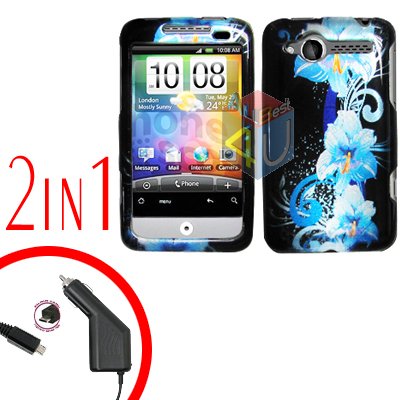 For HTC Wildfire Car Charger +Cover Hard Case Flower 2-in-1
