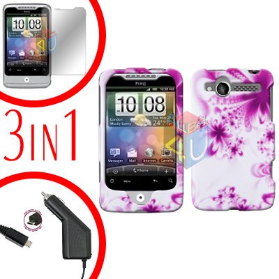 For HTC Wildfire 6225 Screen +Car Charger +Cover Hard Case H-Flower 3-in-1