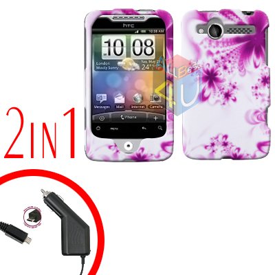For HTC Wildfire Car Charger +Cover Hard Case H-Flower 2-in-1