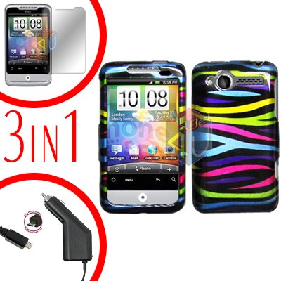 For HTC Wildfire 6225 Screen +Car Charger +Cover Hard Case Rainbow 3-in-1