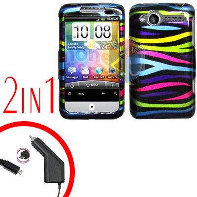 For HTC Wildfire Car Charger +Cover Hard Case Rainbow 2-in-1