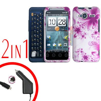 For HTC Evo Shift 4G Car Charger +Cover Hard Case H-Flower 2-in-1