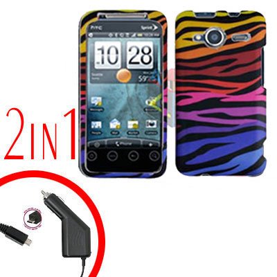 For HTC Evo Shift 4G Car Charger +Cover Hard Case C-Zebra 2-in-1