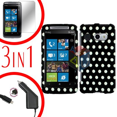 For HTC Surround T8788 Screen +Car Charger +Cover Hard Case Polka Dot 3-in-1