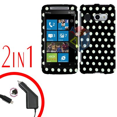 FOR HTC Surround T8788 Car Charger + Cover Hard Case Polka Dot 2-in-1