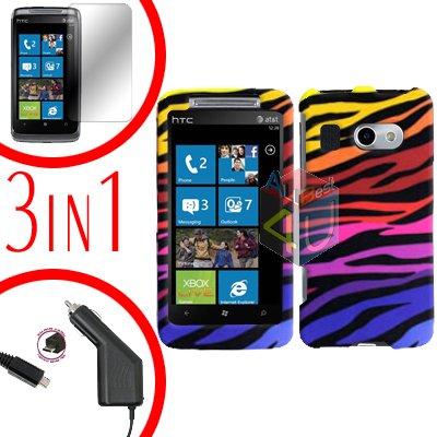 For HTC Surround T8788 Screen +Car Charger +Cover Hard Case C-Zebra 3-in-1