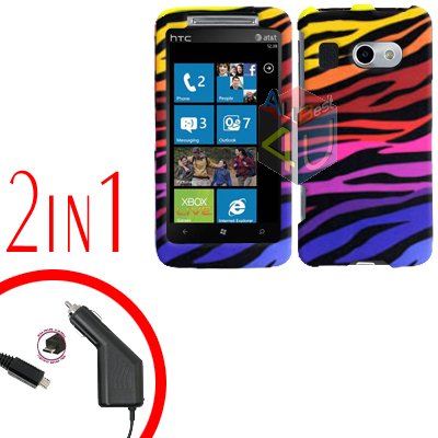 FOR HTC Surround T8788 Car Charger + Cover Hard Case C-Zebra 2-in-1