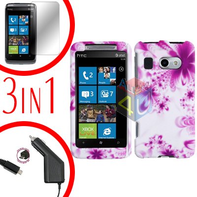 For HTC Surround T8788 Protector Screen +Car Charger +Cover Hard Case H-Flower 3-in-1