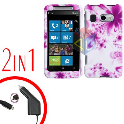 FOR HTC Surround T8788 Car Charger + Cover Hard Case H-Flower 2-in-1