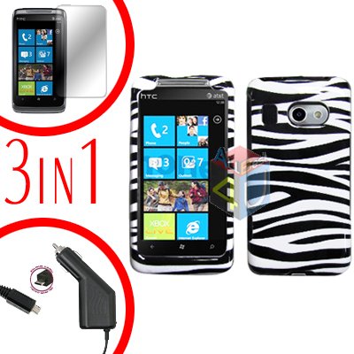 For HTC Surround T8788 Protector Screen +Car Charger +Cover Hard Case Zebra 3-in-1
