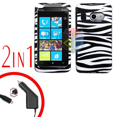 FOR HTC Surround T8788 Car Charger + Cover Hard Case Zebra 2-in-1