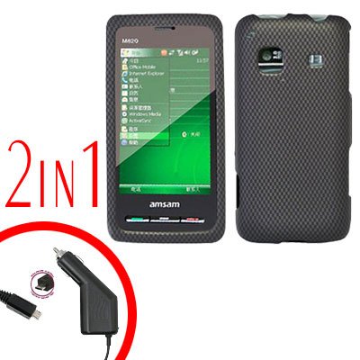 For Samsung Prevail M820 Car Charger +Hard Case Carbon Fiber