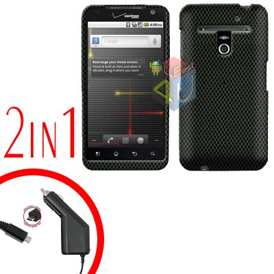 For LG Revolution VS910 Car Charger +Cover Hard Case Carbon Fiber 2-in-1