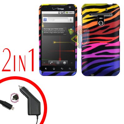 For LG Revolution VS910 Car Charger +Cover Hard Case C-Zebra 2-in-1