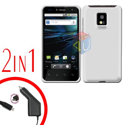For T-Mobile LG G2x Car Charger +Cover Hard Case White 2-in-1
