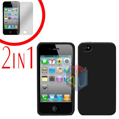 For Apple iPhone 4S 4 Cover Hard Case Black +Screen 2-in-1