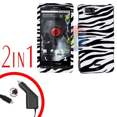 For Motorola Droid X2 Car Charger +Cover Hard Case Zebra 2-in-1