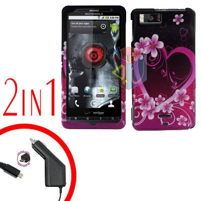 For Motorola Milestone X Car Charger +Cover Hard Case Love 2-in-1