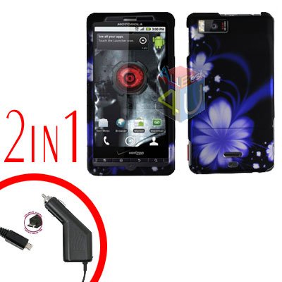 For Motorola Milestone X Car Charger +Cover Hard Case B-Flower 2-in-1