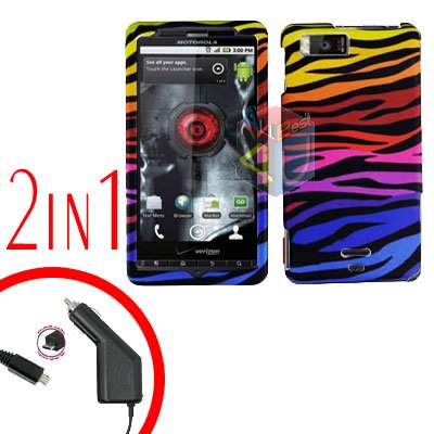For Motorola Milestone X Car Charger +Cover Hard Case C-Zebra 2-in-1