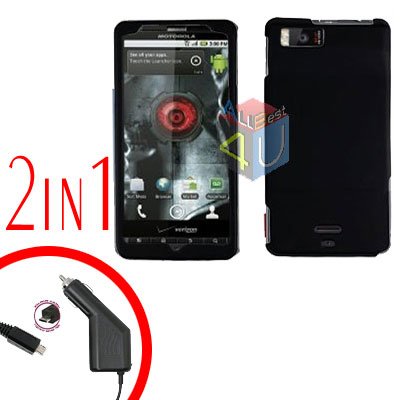 For Motorola Milestone X Car Charger +Cover Hard Case Black 2-in-1