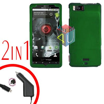 For Motorola Milestone X Car Charger +Cover Hard Case Green 2-in-1