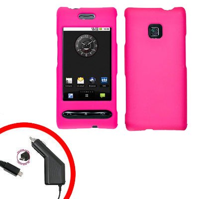 For LG Optimus GT540 Car Charger +Cover Hard Case Rubberized H-Pink 2-in-1