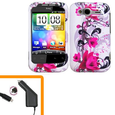 For HTC Wildfire S Car Charger + Cover Hard Case W-Flower