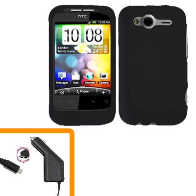 For HTC Wildfire S Car Charger + Cover Hard Case Black