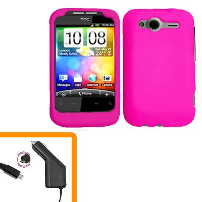 For HTC Wildfire S Car Charger + Cover Hard Case H-Pink