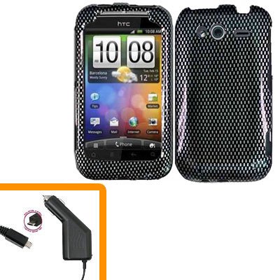 For HTC Wildfire S Car Charger + Cover Hard Case Carbon Fiber