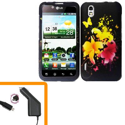 For LG Marquee LS855/ Optimus Black P970 Car Charger +Cover Hard Case Y-Flower 2-in-1
