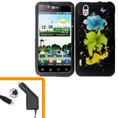 For LG Marquee LS855/ Optimus Black P970 Car Charger +Cover Hard Case T-Flower 2-in-1
