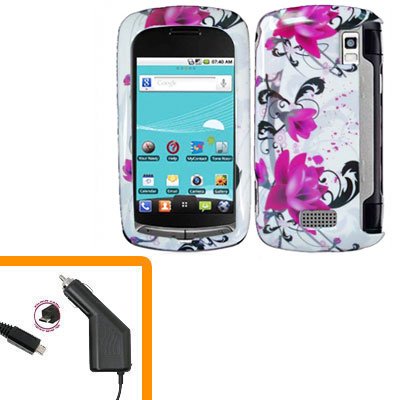 For LG Genesis US760 Car Charger +Cover Hard Case W-Flower 2-in-1