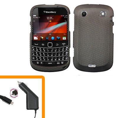 For BlackBerry Bold 9900 4G Car Charger + Cover Hard Case Carbon Fiber